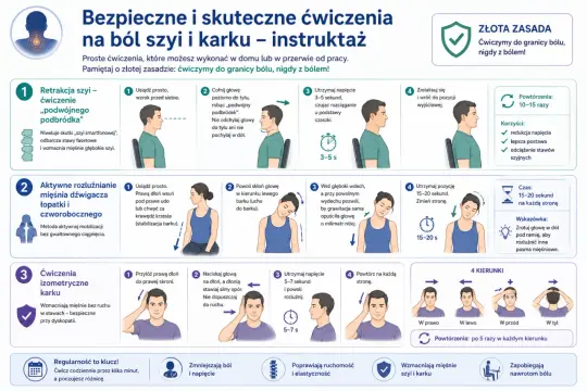Instruktaż ćwiczeń na ból szyi i karku: retrakcja szyi, rozluźnianie mięśni, ćwiczenia izometryczne. Pomaga zmniejszyć ból.